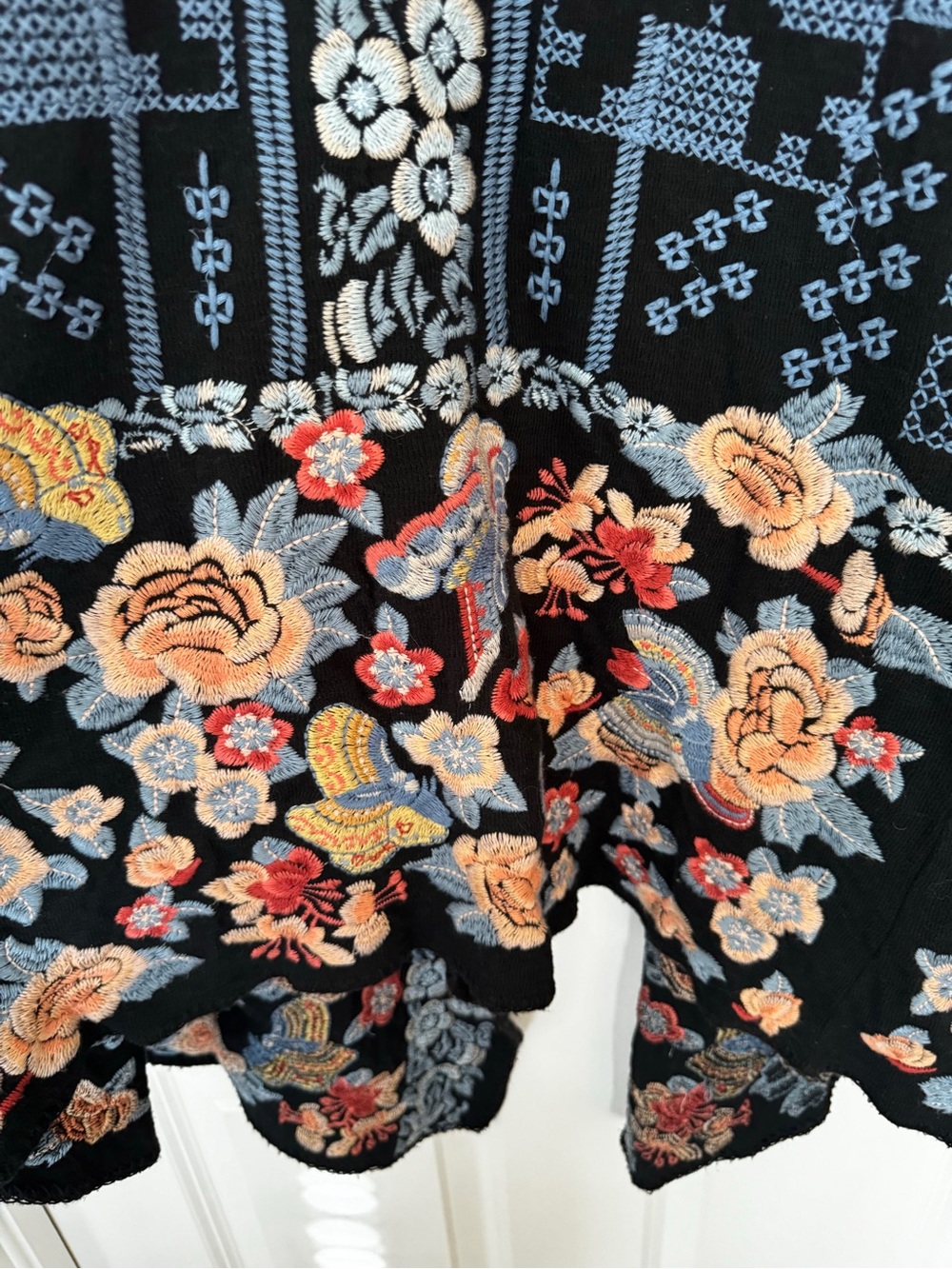 Johnny Was Black Draped Cardigan with Blue Geometric and Multicolor Floral Trim - Picture 7 of 11